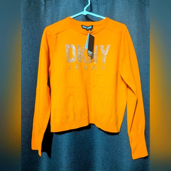 Nwt DKNY Womena Orange Sweatshirt with Silver Sparkle Rhinestone Logo Size Small - Picture 1 of 3